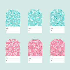 Set illustration of christmas gift labels. Christmas and New Year labels and tags to from. Winter card element. Flat stickers - Christmas stocking, toys and mittens vector.
