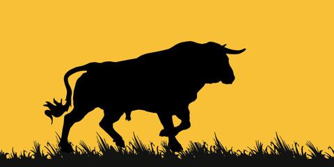  isolated black silhouette of an  running bull, grass, elements for design and decoration