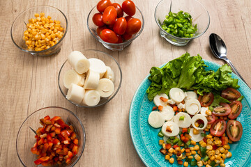 Fresh and natural products ready to make a delicious Palmitos salad. Natural and healthy food concept.