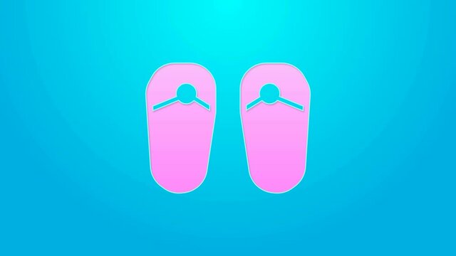 Pink line Flip flops icon isolated on blue background. Beach slippers sign. 4K Video motion graphic animation