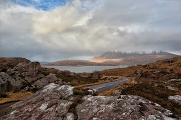 a Scotland road under a cloudy sky