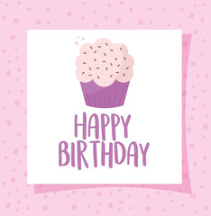 cupcake card with happy birthday lettering over a pink background