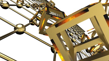 Orange illuminated Hot Iron Gold Cube with Atom Plane Structure under White Background. Blockchain network technology concept illustration. 3D illustration. 3D CG. 3D high quality rendering. 