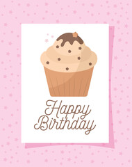 cupcake card with happy birthday lettering on a pink background
