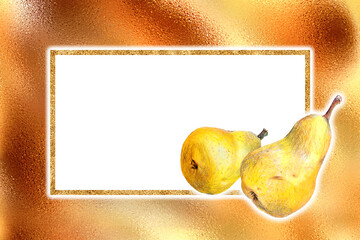 coloful pears illustration on golden frame background