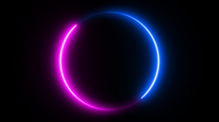 Neon circle shape or laser glowing pink and blue lines.  Retrowave style wallpaper with copyspace.  illustration of realistic mockup, template for game design, night club logo.