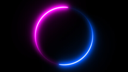 Neon circle shape or laser glowing pink and blue lines.  Retrowave style wallpaper with copyspace.  illustration of realistic mockup, template for game design, night club logo.
