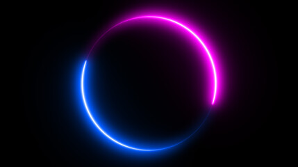 Neon circle shape or laser glowing pink and blue lines.  Retrowave style wallpaper with copyspace.  illustration of realistic mockup, template for game design, night club logo.