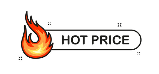 Hot Price. Sale discount banner with fire icon. Flat style. Vector illustration.