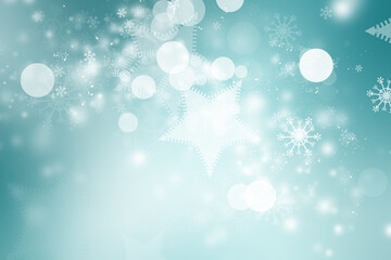 White Xmas Bokeh blur background. Circle light on blue backdrop. Snowflake abstract light wallpaper.