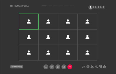 Video chat many users interface, video calls window overlay. UI UX design. Vector illustration.