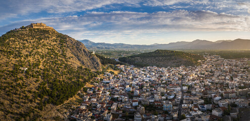 Wide panorama of the castle on Larissa Hill, located near the town of Argos, Greece