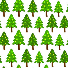 Seamless pattern of two Christmas trees decorated with shining bright yellow lights. New Year fir tree decorations. Flat style vector illustration isolated on white background