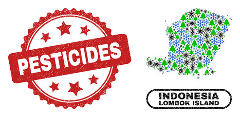 Vector Covid-2019 New Year combination Lombok Island map and Pesticides corroded watermark. Pesticides stamp uses rosette shape and red color.