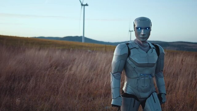 Cybernetic farm droid worker scanning a rural field walking in slow motion to analyze situation. Smart future agriculture. Artificial intelligence. Robotic farmer, cyborg. Clean green energy concept