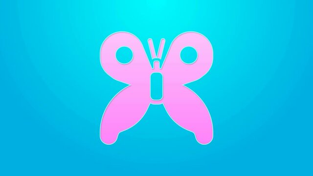 Pink line Butterfly icon isolated on blue background. 4K Video motion graphic animation