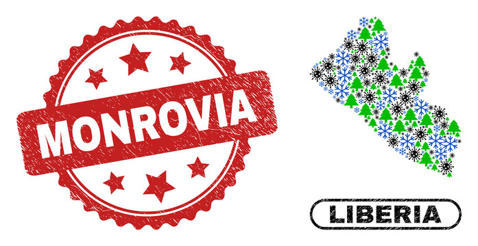 Vector coronavirus New Year collage Liberia map and Monrovia corroded seal. Monrovia stamp seal uses rosette shape and red color. Mosaic Liberia map is composed from randomized Covid-2019, snow flake,
