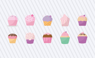 set of baked cupcakes icons