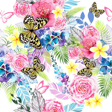 A seamless background of watercolor flowers. Floral print with butterflies. Vector illustration