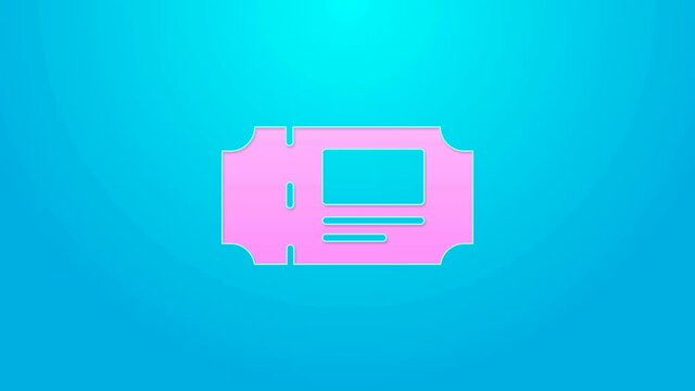 Pink line Museum ticket icon isolated on blue background. History museum ticket coupon event admit exhibition excursion. 4K Video motion graphic animation