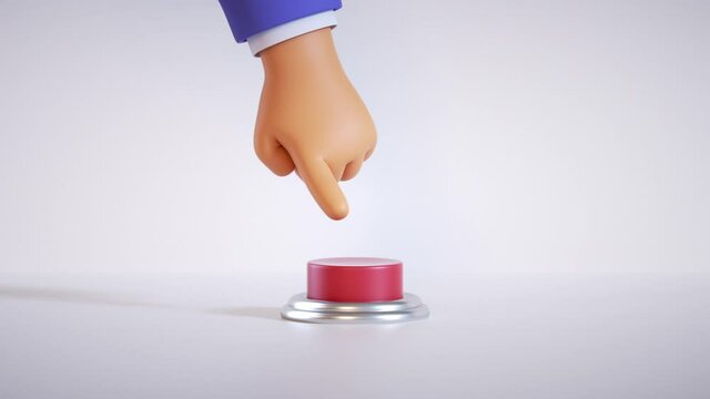 3d render, cartoon hand pushes the big red button isolated on white background. Launch metaphor, activation concept. Seamless looping animation
