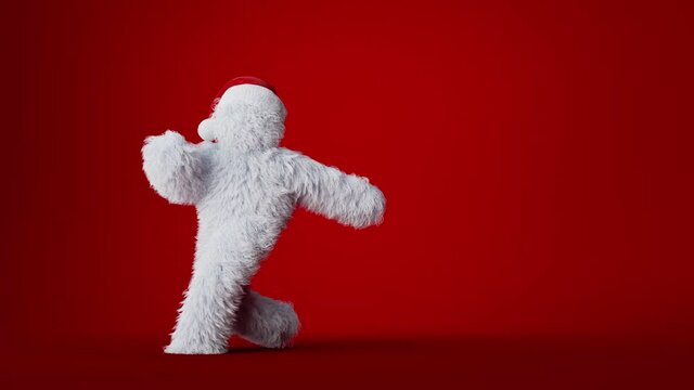 3d cartoon character hairy bigfoot wearing Santa Claus hat, dancing on red background, person wearing furry costume, funny mascot looping animation, modern minimal seamless motion design