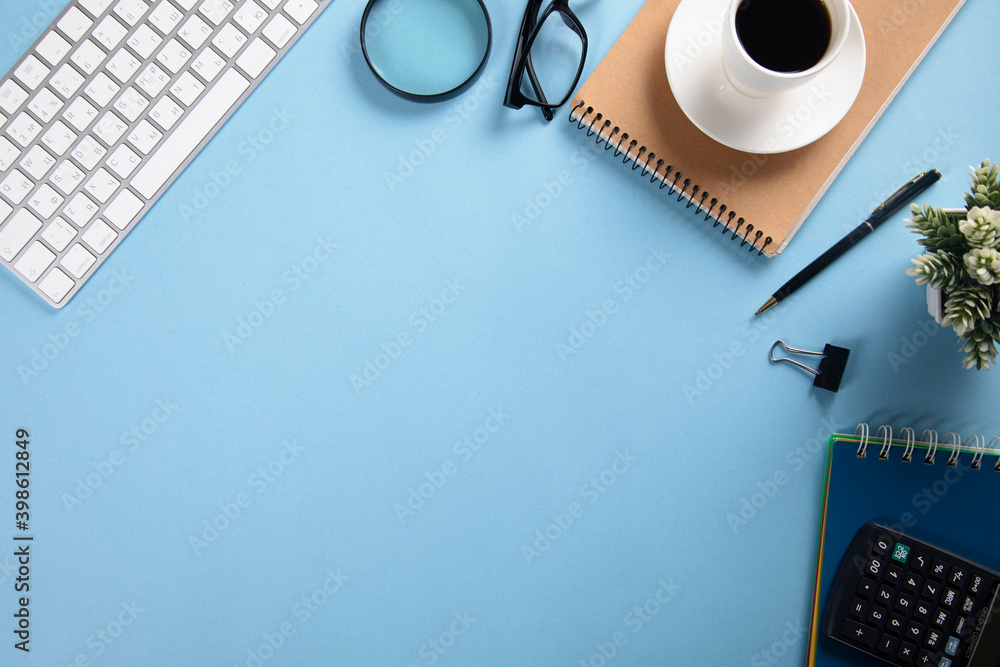 Poster keyboard with notepad and coffee with stationary
