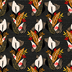 Folk cute flash style tropical exotic flower and plant leaves summer seamless pattern. Retro aesthetic boho background.