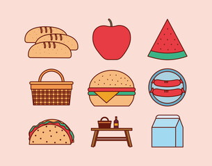 set of picnic icons on a pink background