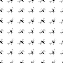 Simple seamless pattern of freehand sketch of flying bees, drawn and digitized, in black and white. Vector illustration for fashion, package design, wallpaper, textile, fabric, wrapping paper.