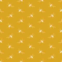 Simple seamless pattern of freehand sketch of flying bees, drawn and digitized, in two colors. Vector illustration for fashion, package design, wallpaper, textile, fabric, wrapping paper.