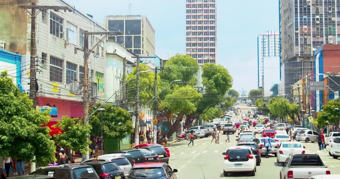 main downtown avenue with several cars and beautiful trees. In the background with great historic building