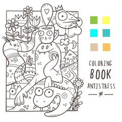 Coloring book antistress with funny creatures. Doodle print with dragon, monster and cups. Line art poster.