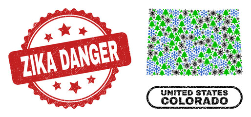 Vector Covid-2019 New Year composition Colorado State map and Zika Danger dirty stamp imitation. Zika Danger imprint uses rosette shape and red color.