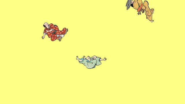 横方向に転げ吹き飛ぶ浮世絵の人々