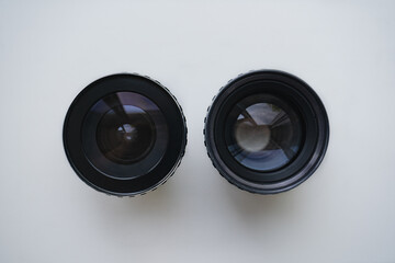 close-up movie camera lenses on a white background