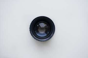 close-up movie camera lenses on a white background