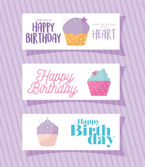 set of card with cupcakes and happy birthdays letterings on a purple background