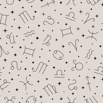 Zodiac signs and Stars Seamless Pattern. Vector Background of Horoscope Symbols - Aries, Taurus, Gemini, Cancer, Leo, Virgo, Libra, Scorpio, Sagittarius, Capricorn Aquarius and Pisces