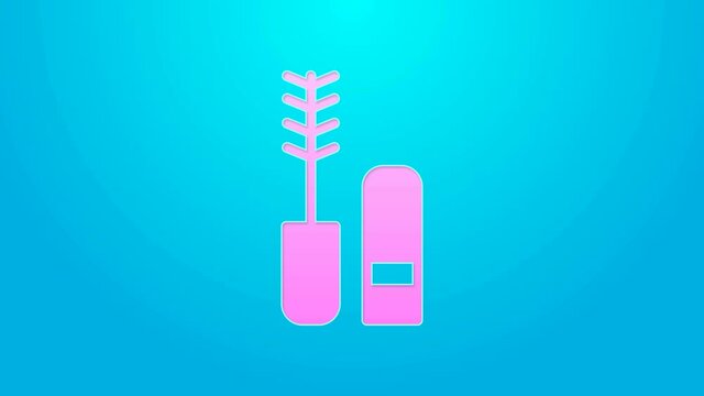 Pink line Mascara brush icon isolated on blue background. 4K Video motion graphic animation