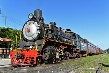 South American "Maria Fumaça", the steam locomotive arrives at the train station in Garibaldi, south of Brazil.