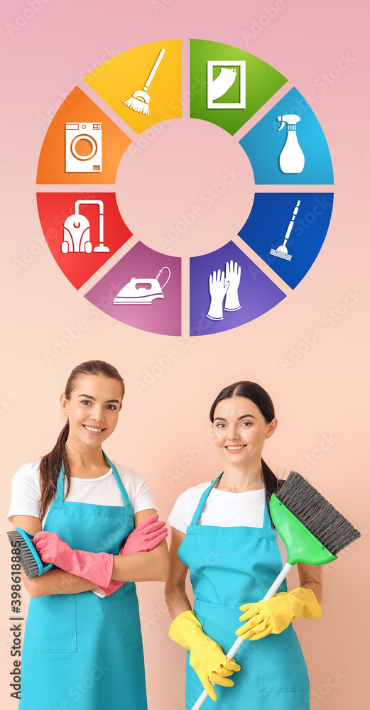 Sticker Female janitors and cleaning service icons on color background