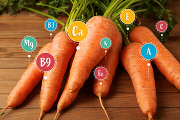 Fresh carrot with specified composition on table - obrazy, fototapety, plakaty