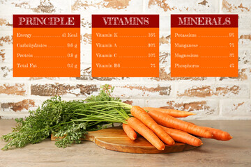Fresh carrot with specified composition on table - obrazy, fototapety, plakaty