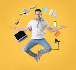 Different  things flying around handsome meditating man on color background.  Zen concept