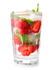 Glass of tasty strawberry mojito on white background
