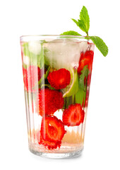 Glass of tasty strawberry mojito on white background