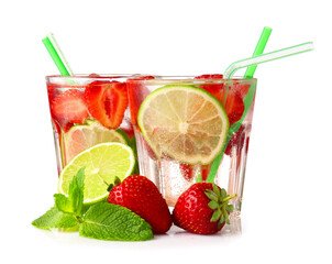 Glasses of fresh strawberry mojito on white background