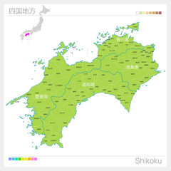 四国地方の地図・Shikoku・市町村名（市町村・区分け）