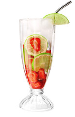 Glass of tasty strawberry mojito on white background